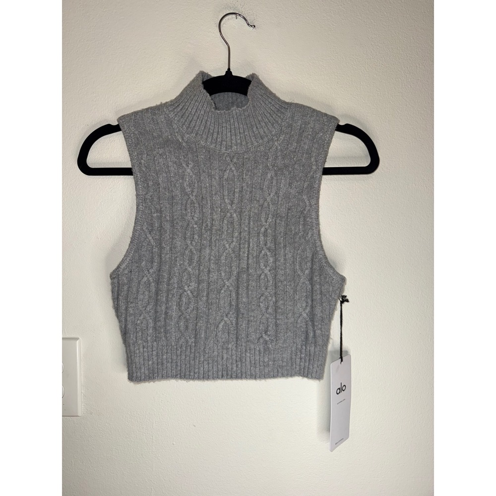 Alo Cable Knit Winter Bliss Mock Neck Tank Athletic‎ Heather Grey Size S NWT